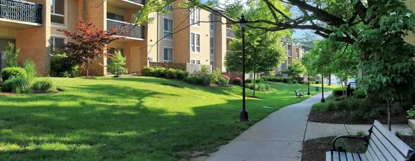 Photo of common area outside Amber Commons apartment complex.