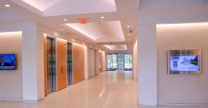 Lobby with elevators in corporate office building