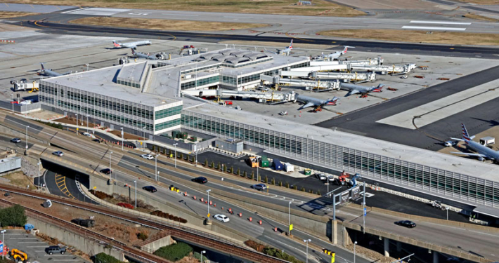 Aerial view of airport terminal at Reagan National Airport.