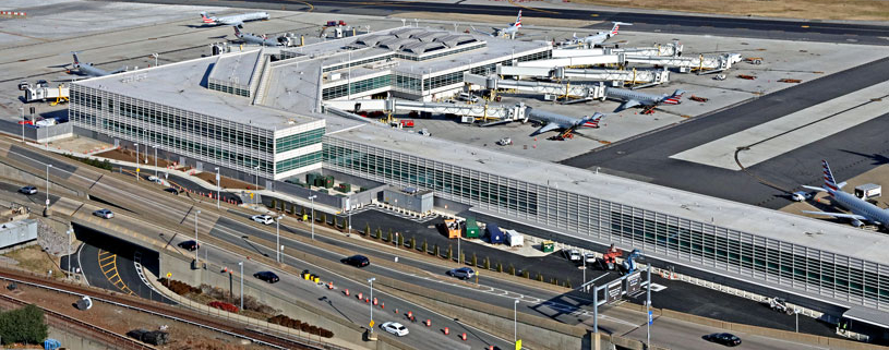 Aerial view of airport terminal at Reagan National Airport.