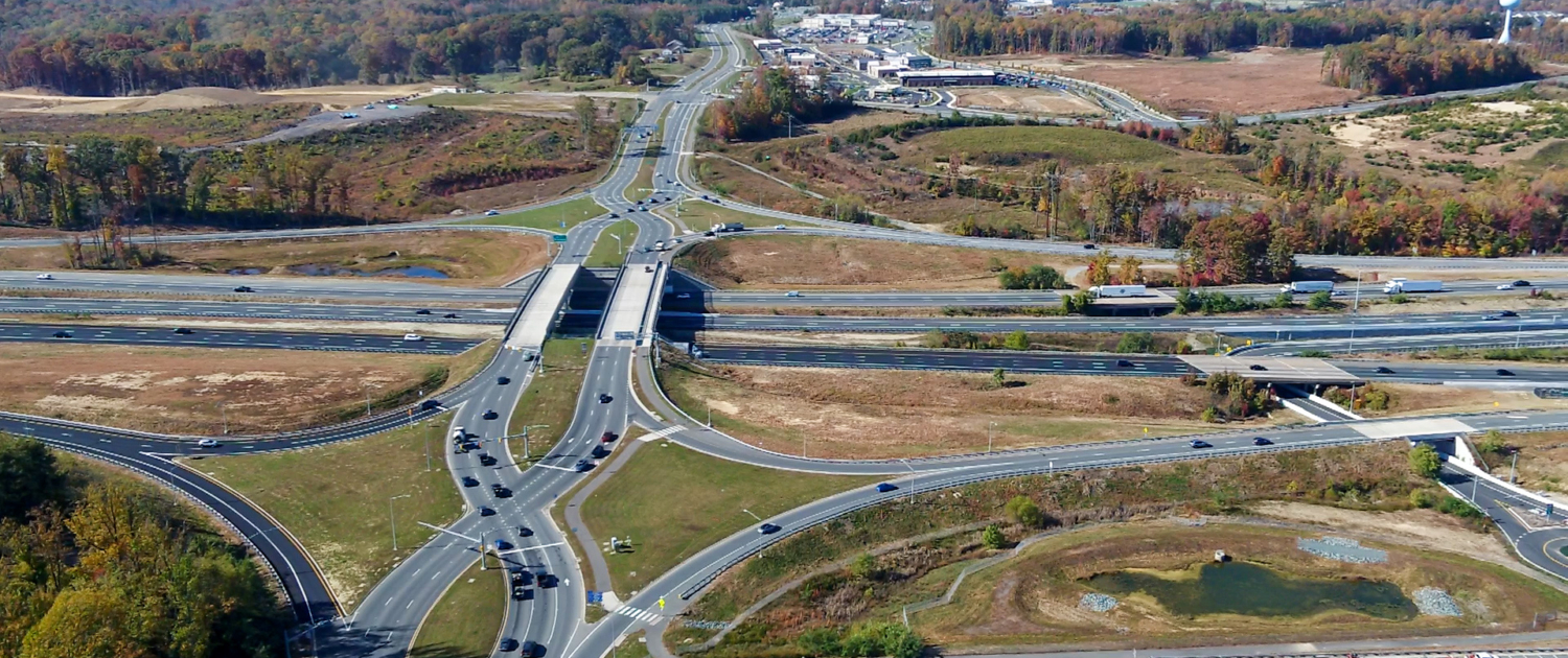 aerial photo of highway with diverging diamond interchange