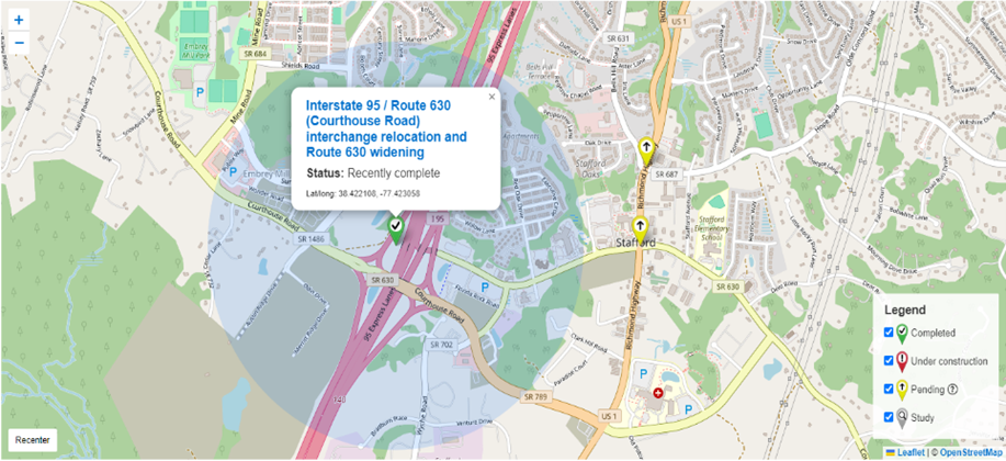 transportation project map indicating completed status of project