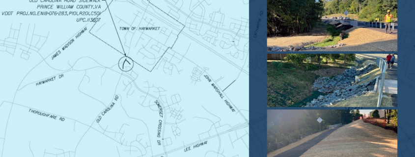 collage of images featuring roadway design plans, pictures of road side construction work