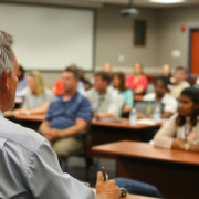 meeting leader talking to attendees at a public meeting